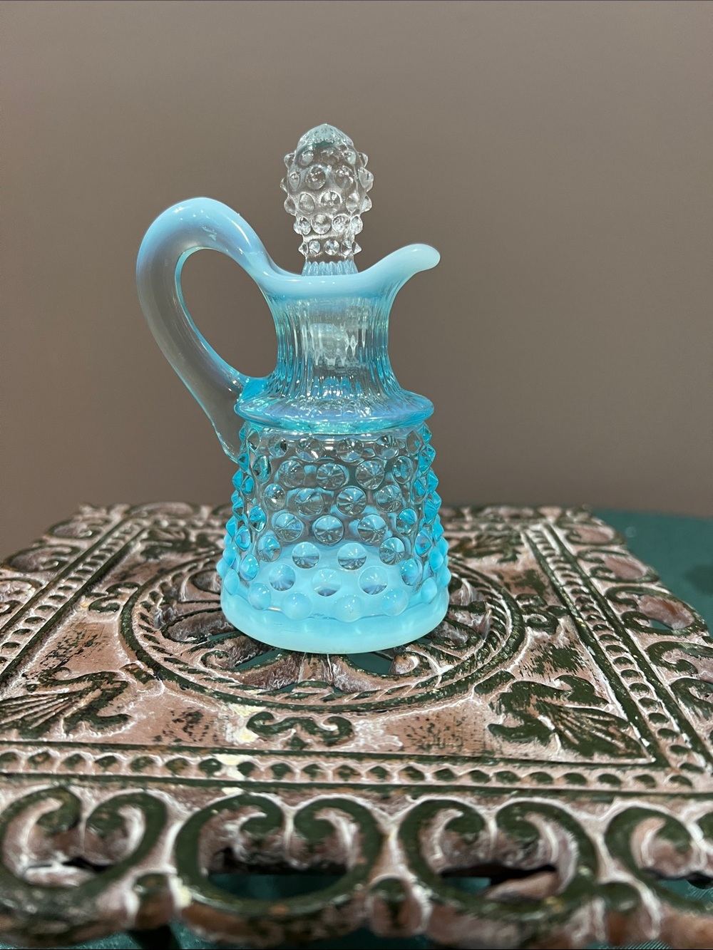 Fenton blue opalescent hobnail cruet with stopper.  SEE NOTE